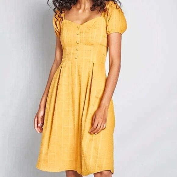 ModCloth Smocked Dress Mustard Yellow Embroidered Medium With Pockets Fe… - Picture 1 of 11
